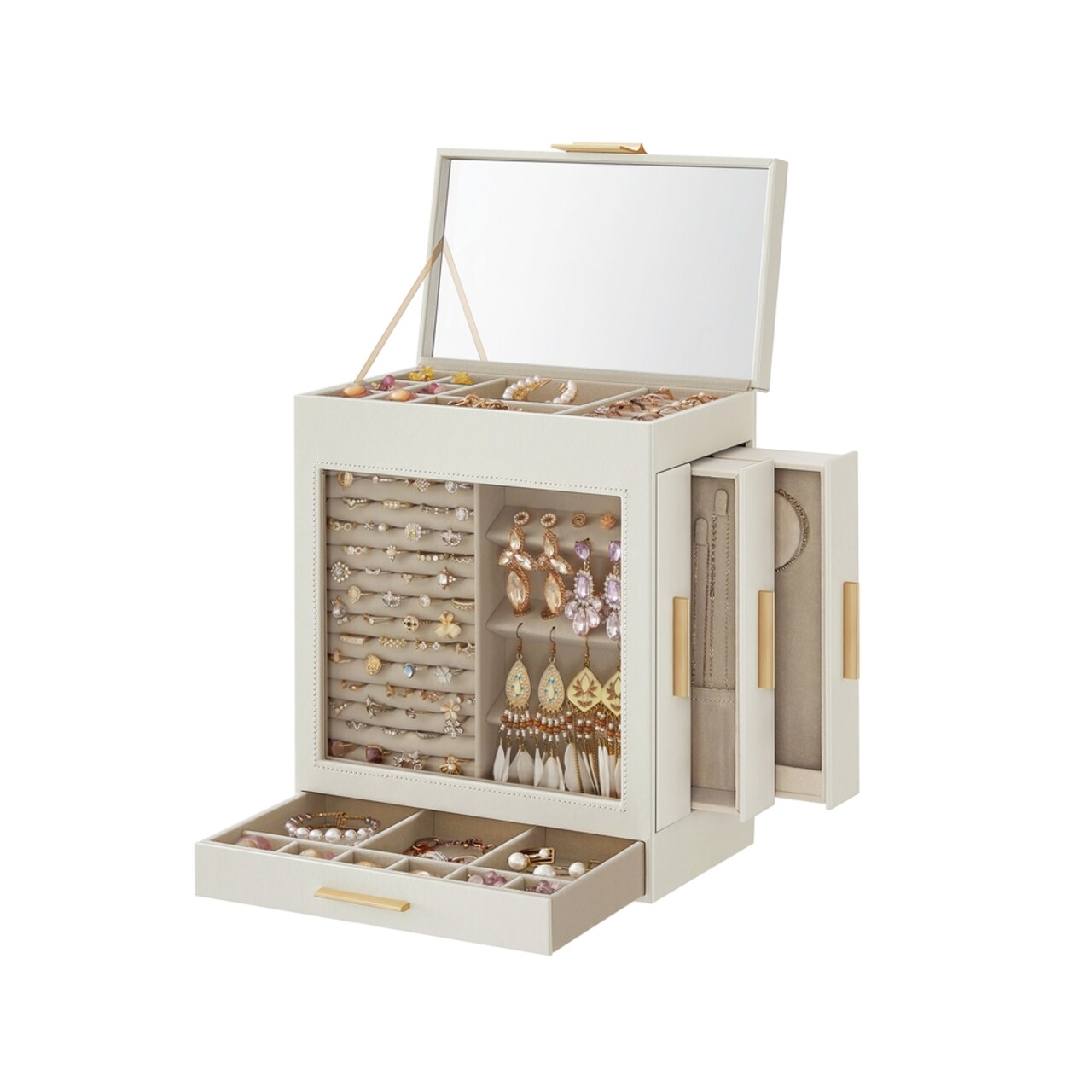 Jewelry Box Organizer Glass Mirror Necklace Ring Storage Velvet Lined Display Case